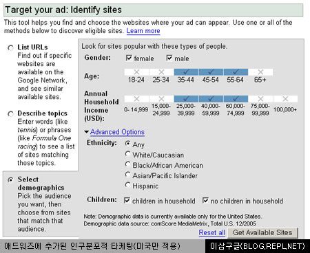 구글 애드워즈의 인구통계 사이트 타켓광고