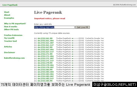 73개의 페이지랭크를 보여주는 Live Pagerank